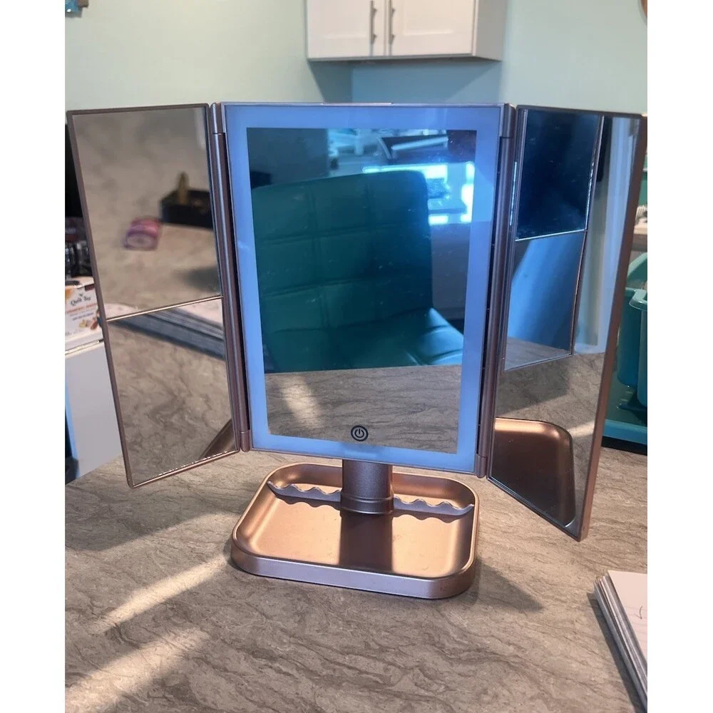 Rose Gold Trifold LED Lighting Cosmetic Mirror